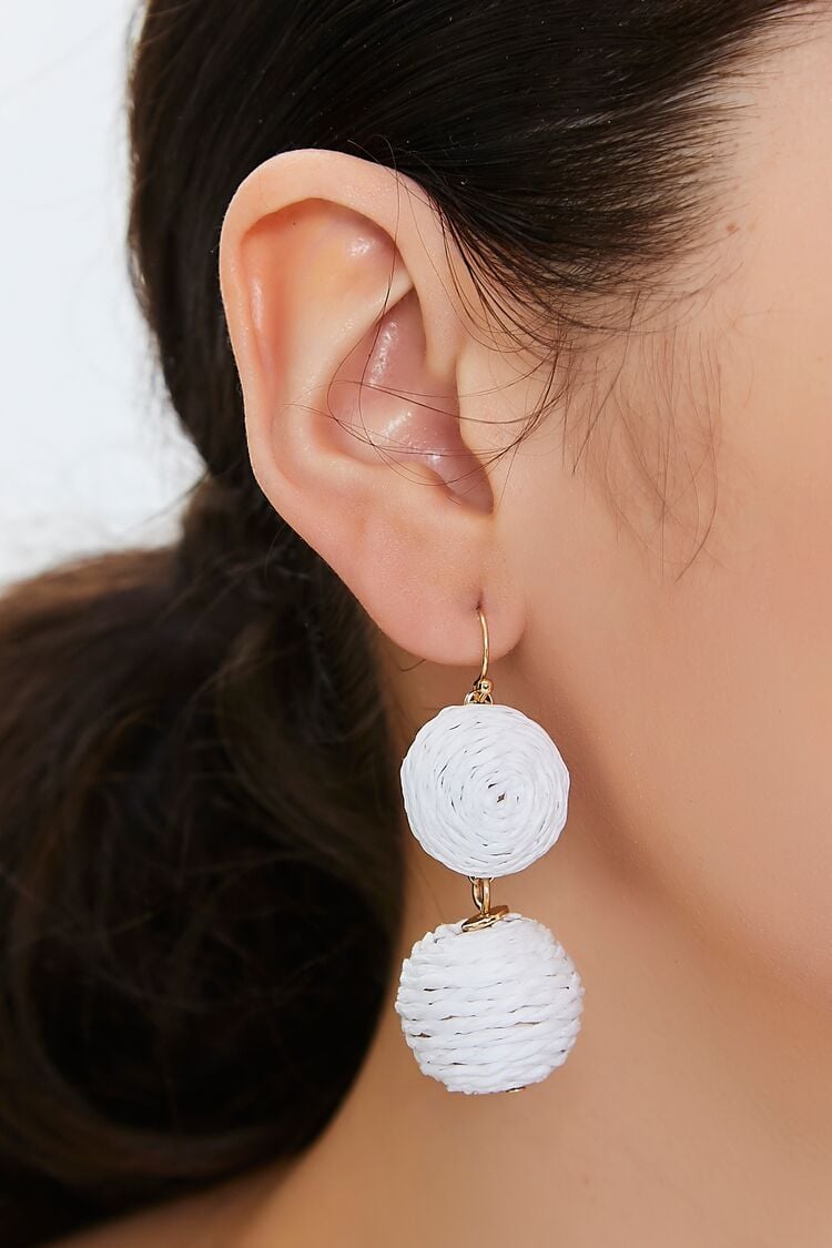 Forever 21 Women's Straw Pom Pom Drop Earrings White