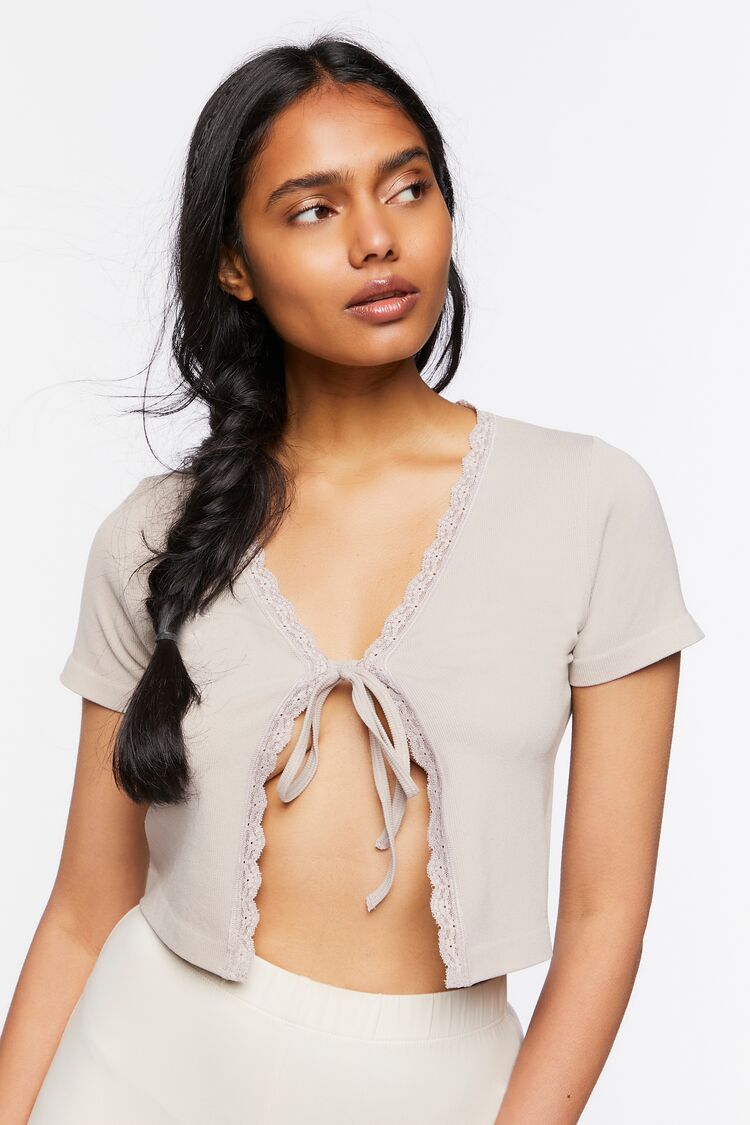 Forever 21 Women's Seamless Tie-Front Crop Top Light Grey