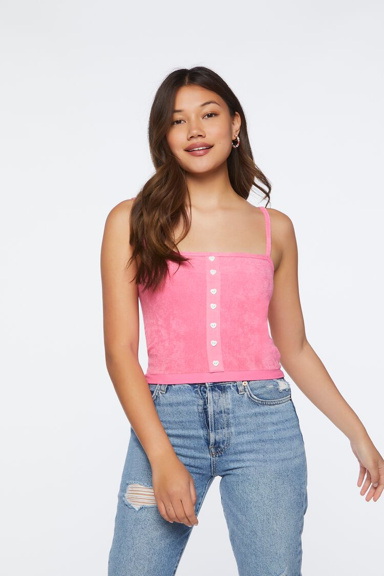 Forever 21 Women's Terry Cloth Heart-Button Cami Pink Icing