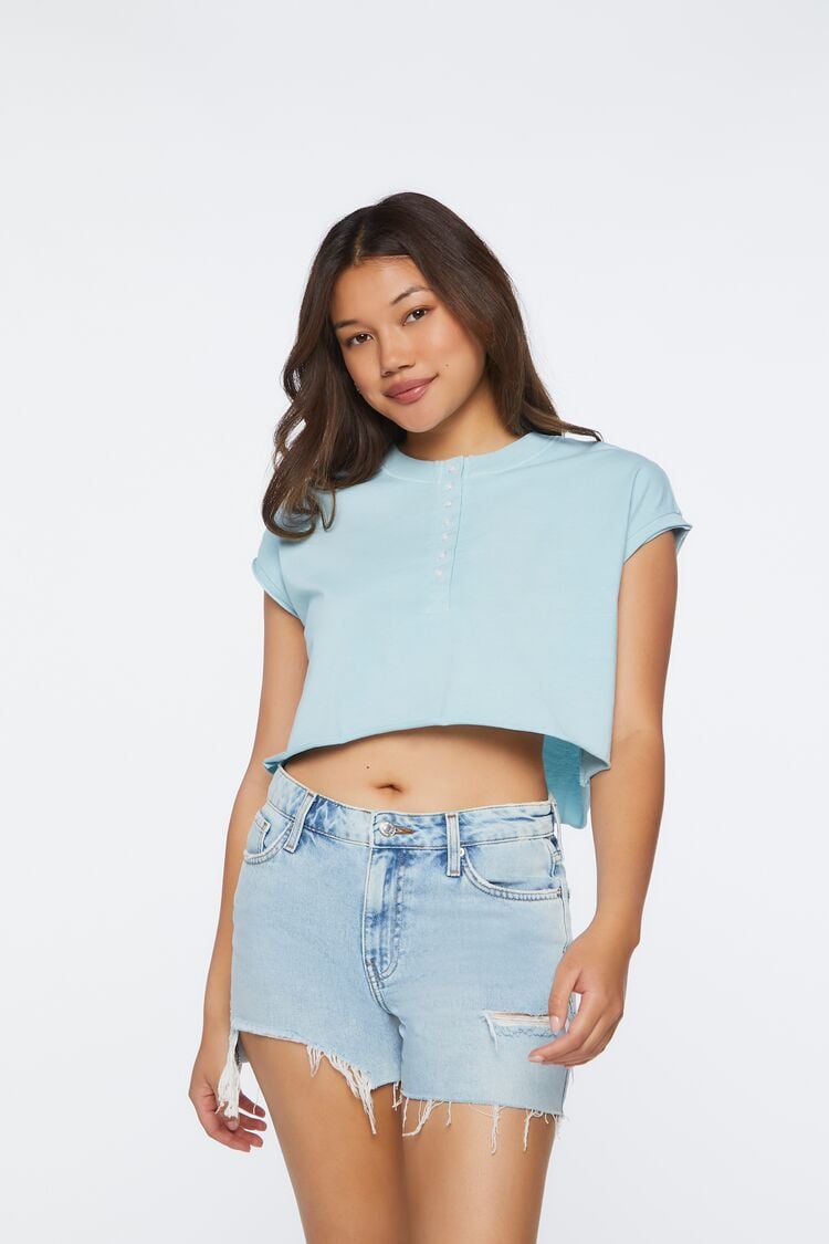 Forever 21 Women's Ribbed Cropped Henley T-Shirt Powder Blue