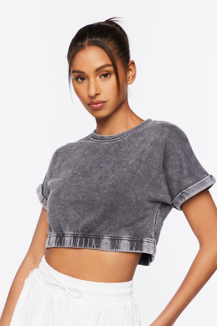 Forever 21 Women's Active French Terry Cropped T-Shirt Charcoal