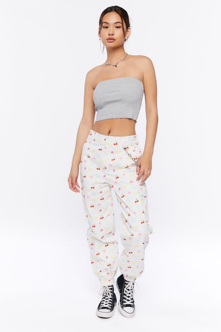 Forever 21 Women's Fruit Print Cargo Joggers White/Multi