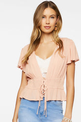 Forever 21 Women's Plunging Butterfly Sleeve Crop Top Seashell