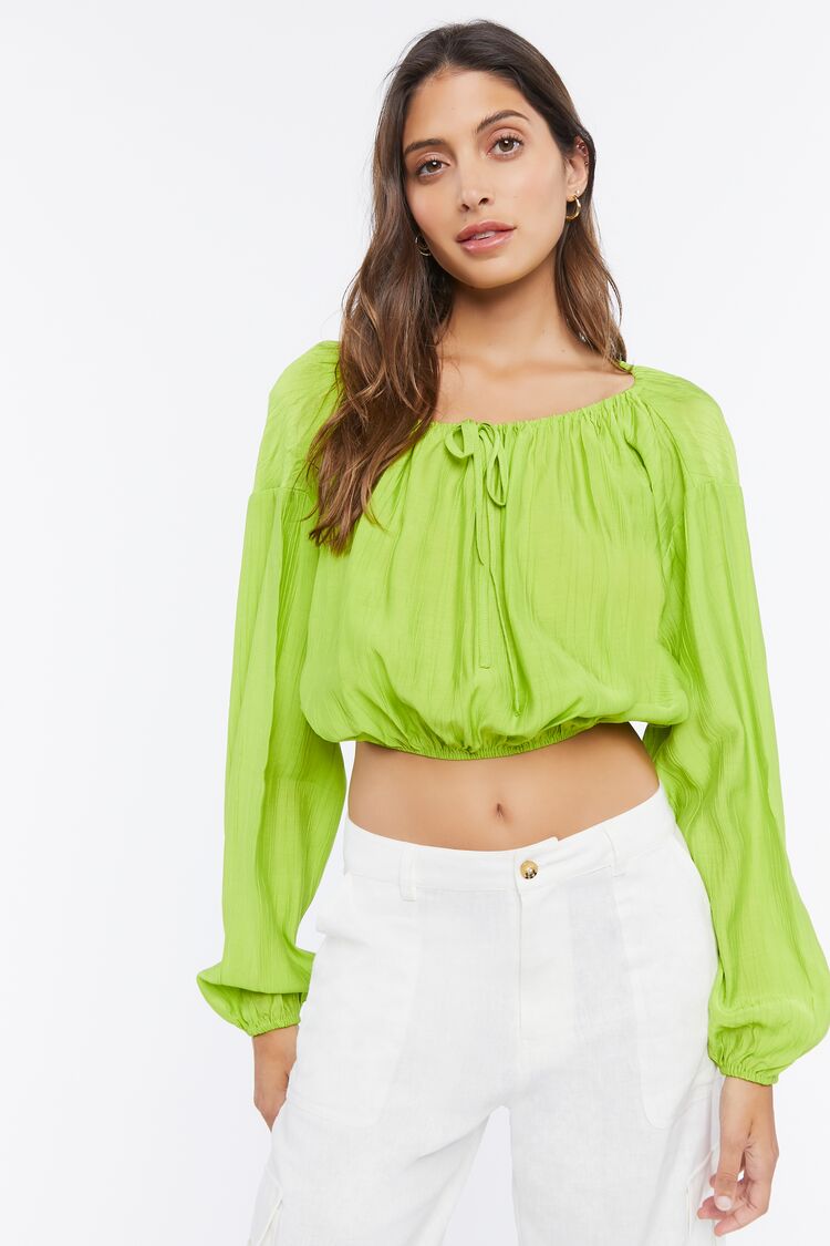 Forever 21 Women's Peasant-Sleeve Ruched Crop Top Green Apple