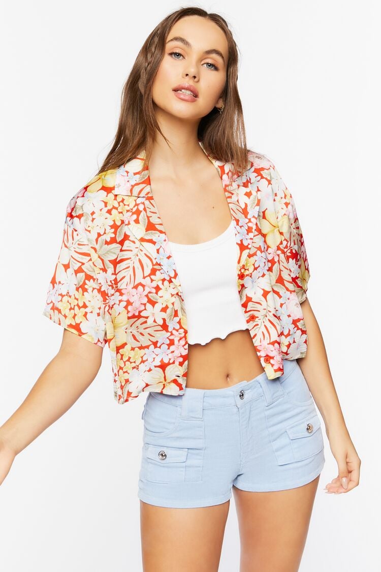 Forever 21 Women's Tropical Floral Print Cropped Shirt Red/Multi