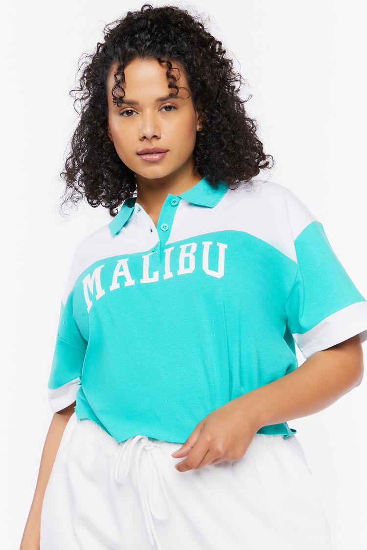 Forever 21 Plus Women's Malibu Graphic Cropped Polo Shirt Green/Multi