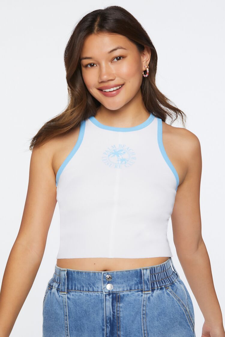 Forever 21 Women's Palm Beach Club Graphic Ringer Crop Top Blue/White