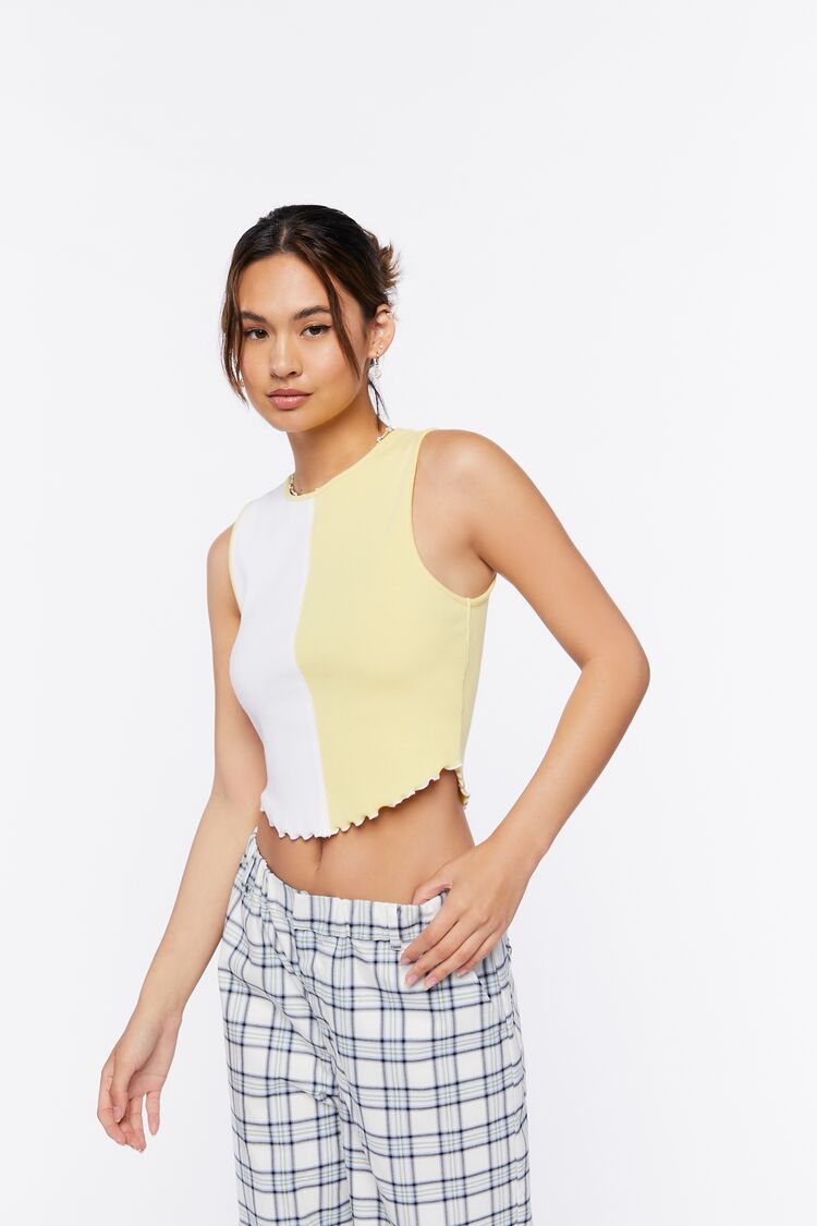 Forever 21 Women's Colorblock Lettuce-Edge Crop Top Yellow/White