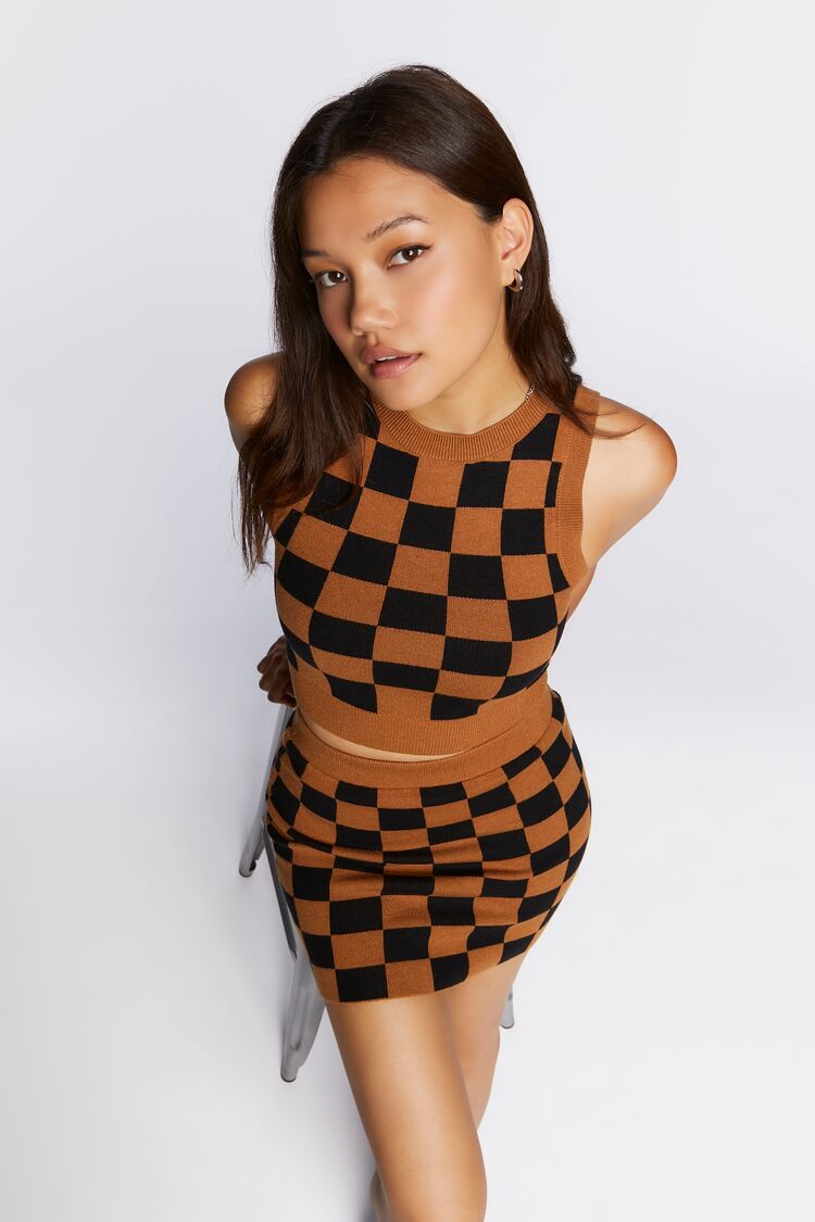 Forever 21 Women's Checkered Sweater-Knit Mini Skirt Maple/Black