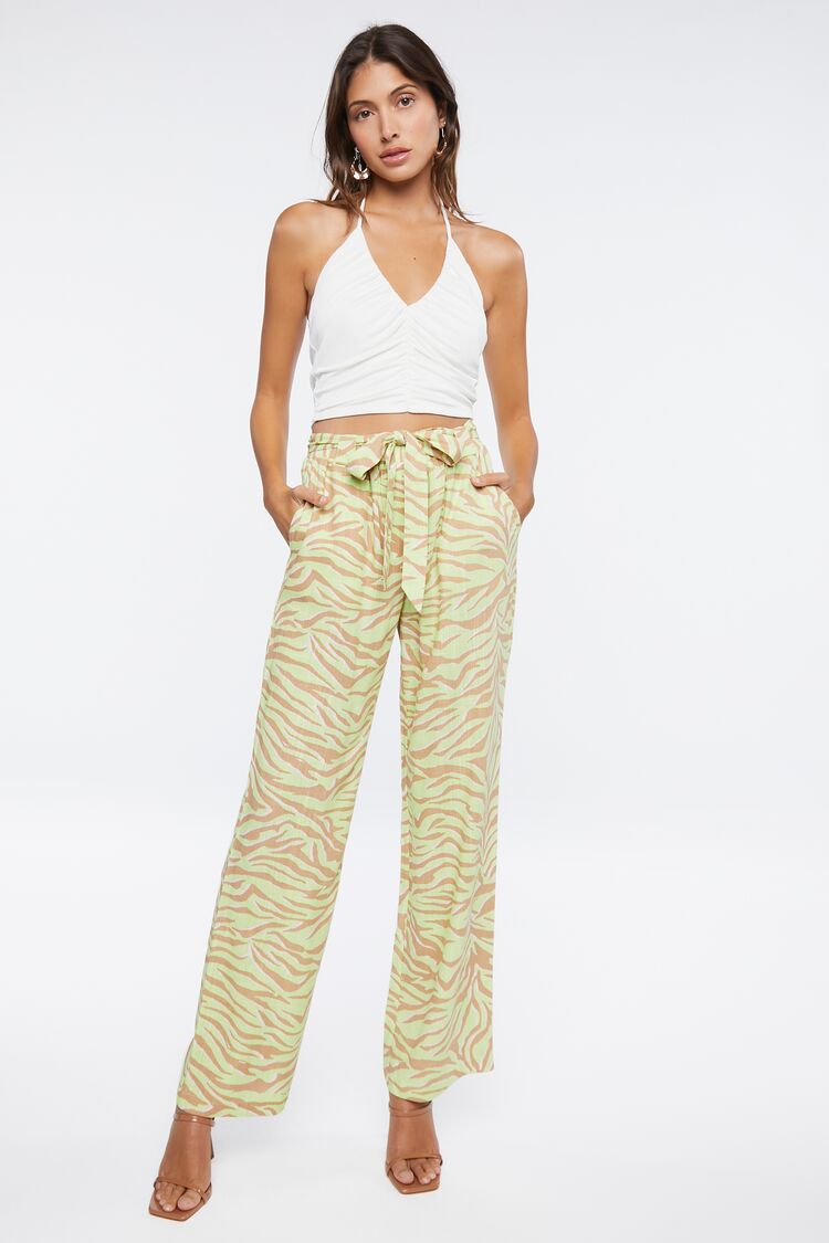 Forever 21 Women's Belted Zebra Print High-Rise Pants Green/Taupe