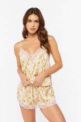 Forever 21 Women's Chain Print Lace-Trim Cami & Shorts Set White/Yellow