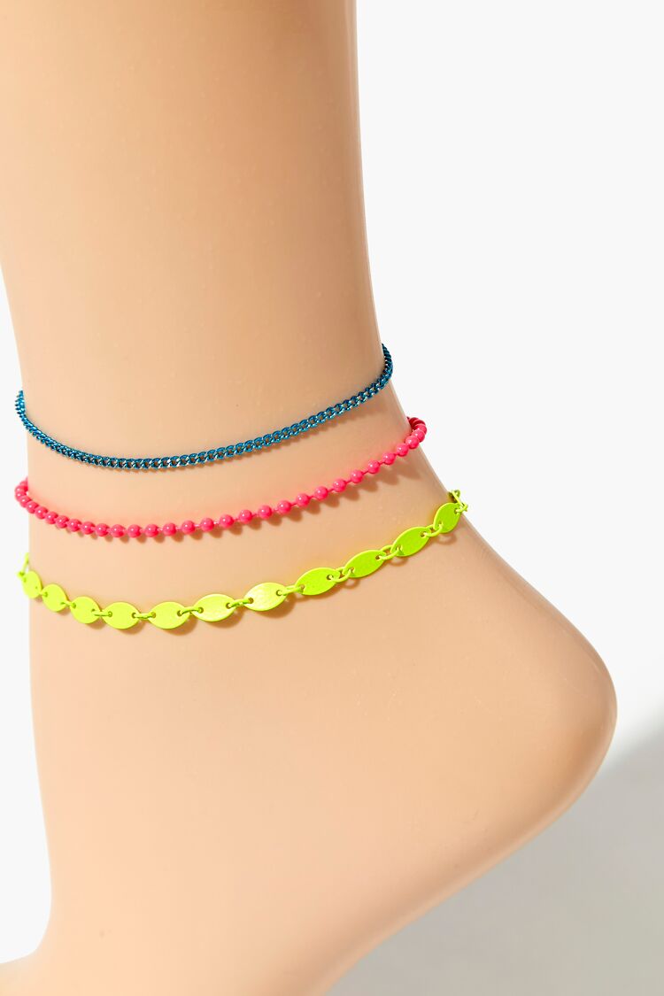 Forever 21 Women's Ball Chain Anklet Set Pink/Blue