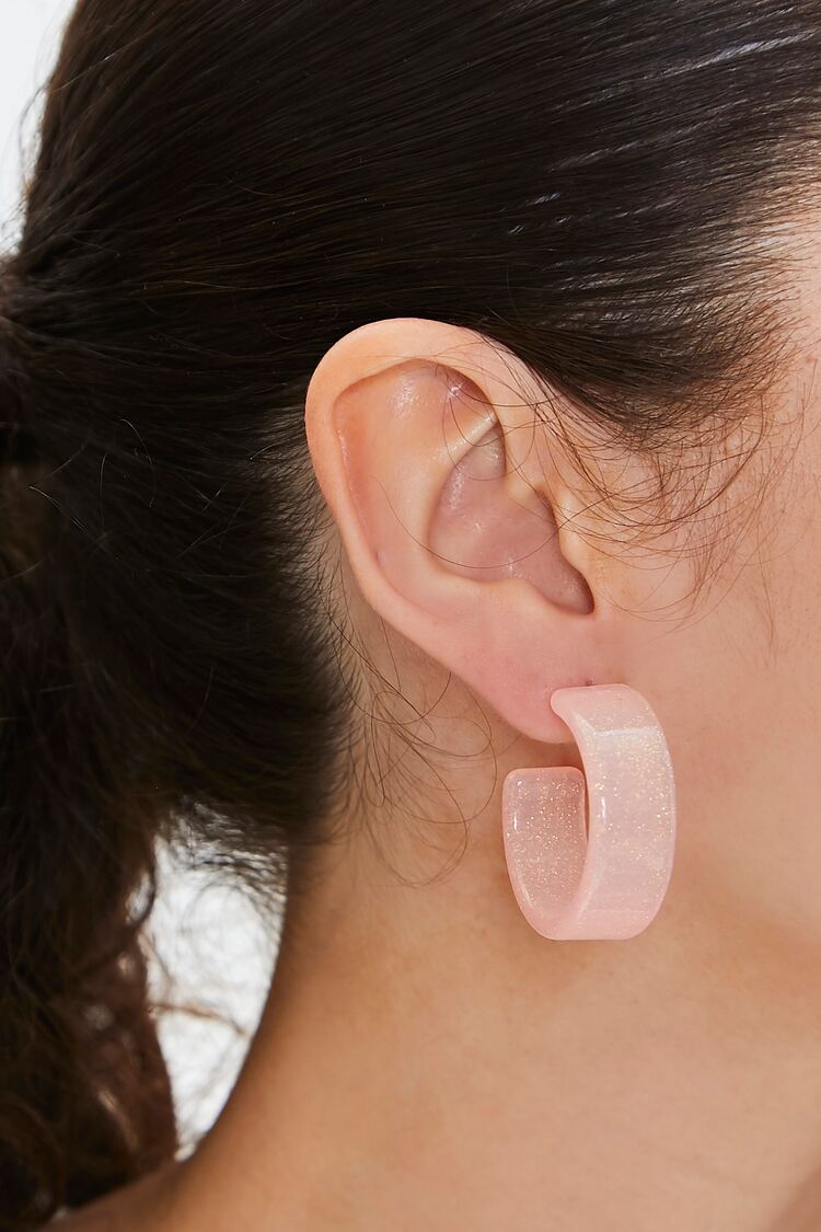 Forever 21 Women's Glitter Open-End Hoop Earrings Pink