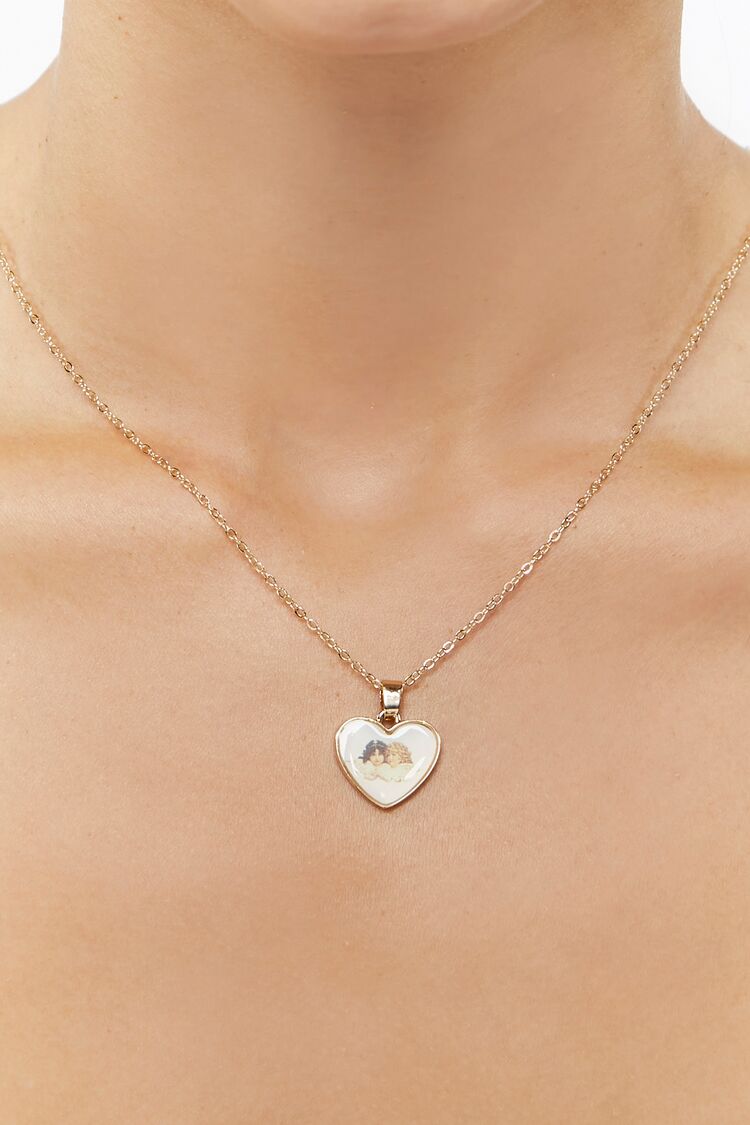 Forever 21 Women's Cherub Heart Pendant Necklace Gold