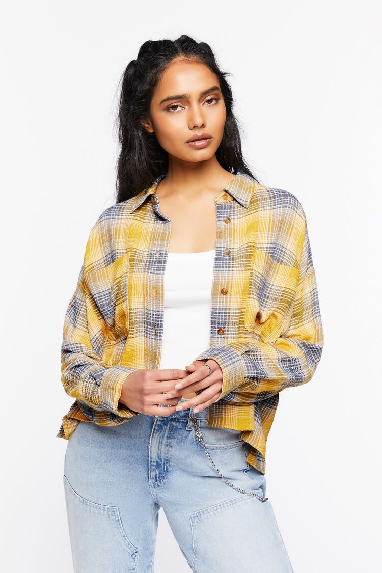 Forever 21 Women's High-Low Plaid Shirt Gold/Multi