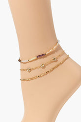 Forever 21 Women's Beaded Floral Chain Anklet Set Gold