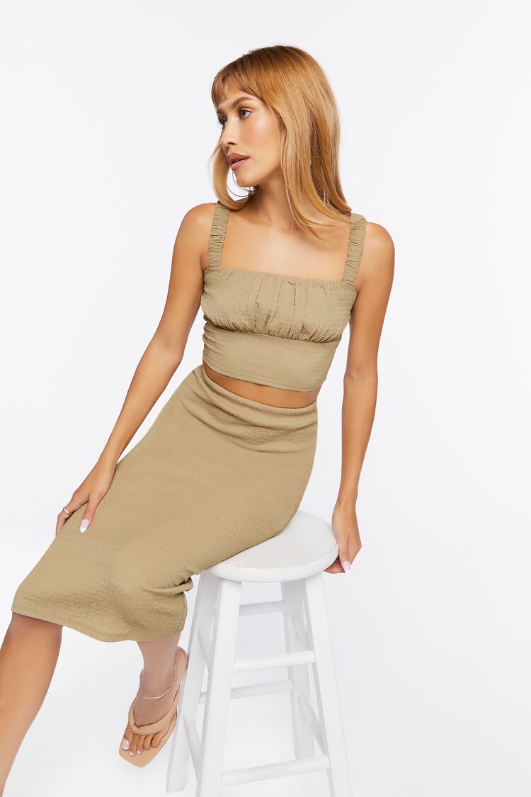 Forever 21 Women's Textured Cropped Cami & Midi Skirt Set Brown