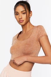 Forever 21 Women's Active Mineral Wash Ruched Crop Top Toffee