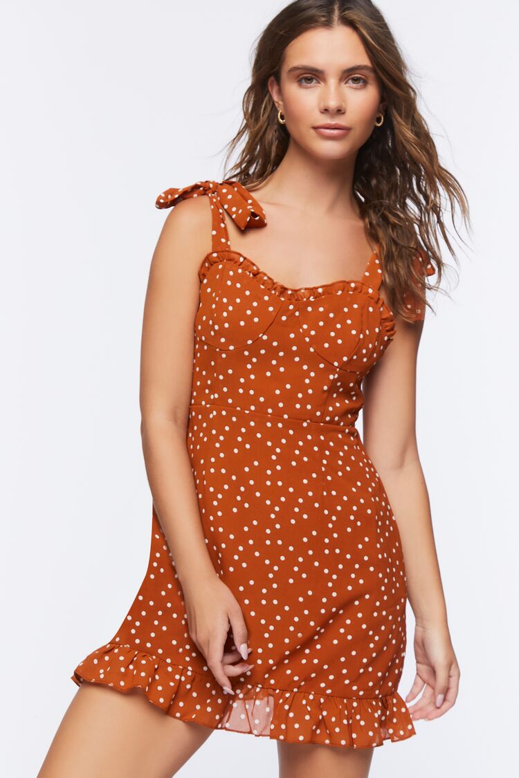 Forever 21 Women's Polka Dot Print Sweetheart Dress Tan/White