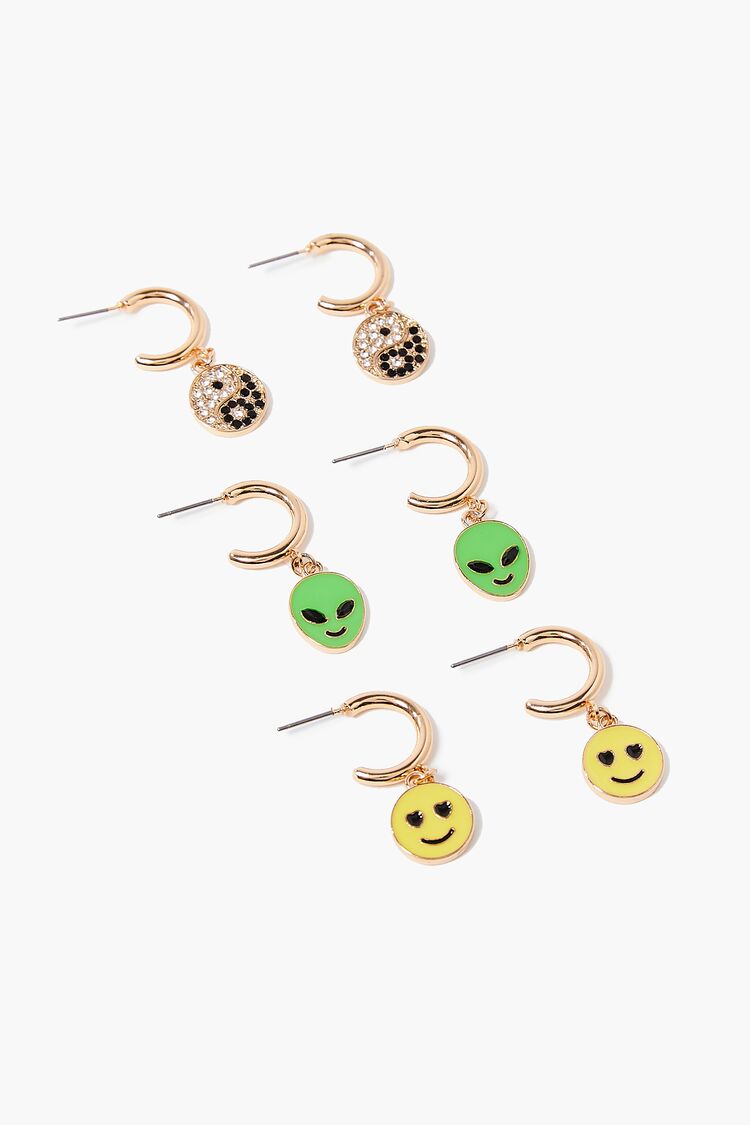 Forever 21 Women's Alien Charm Hoop Earring Set Yellow/Gold