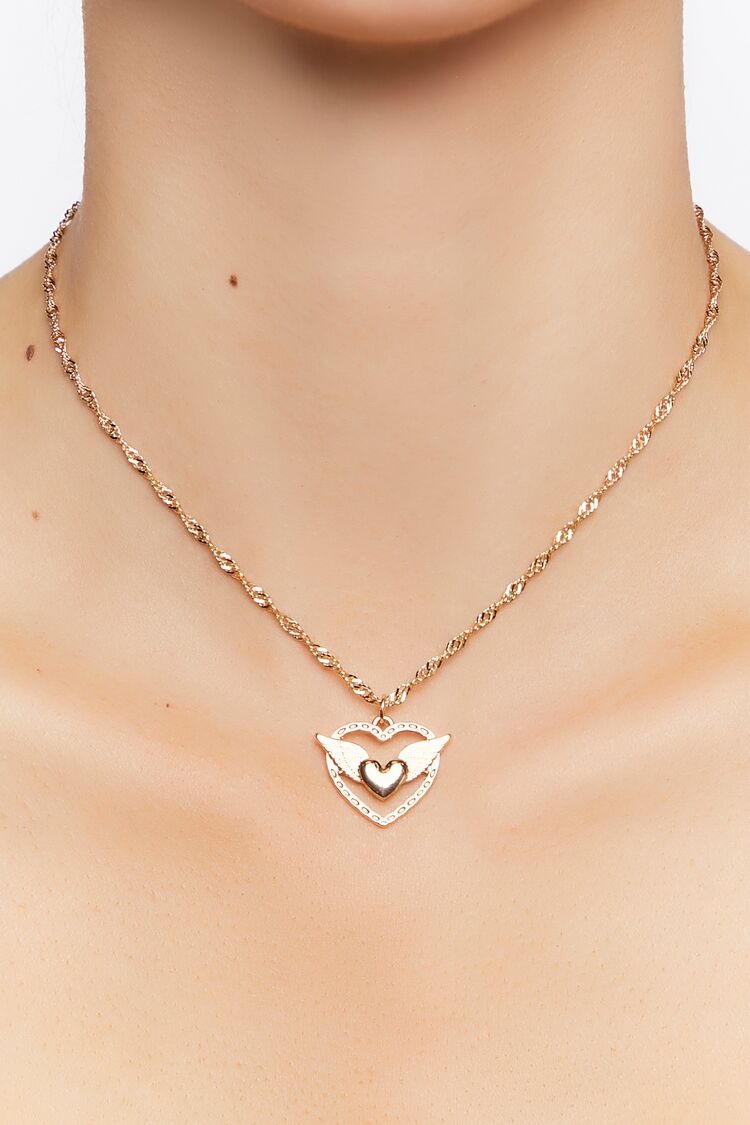 Forever 21 Women's Upcycled Winged Heart Necklace Gold