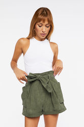 Forever 21 Women's Belted Corduroy Paperbag Shorts Olive