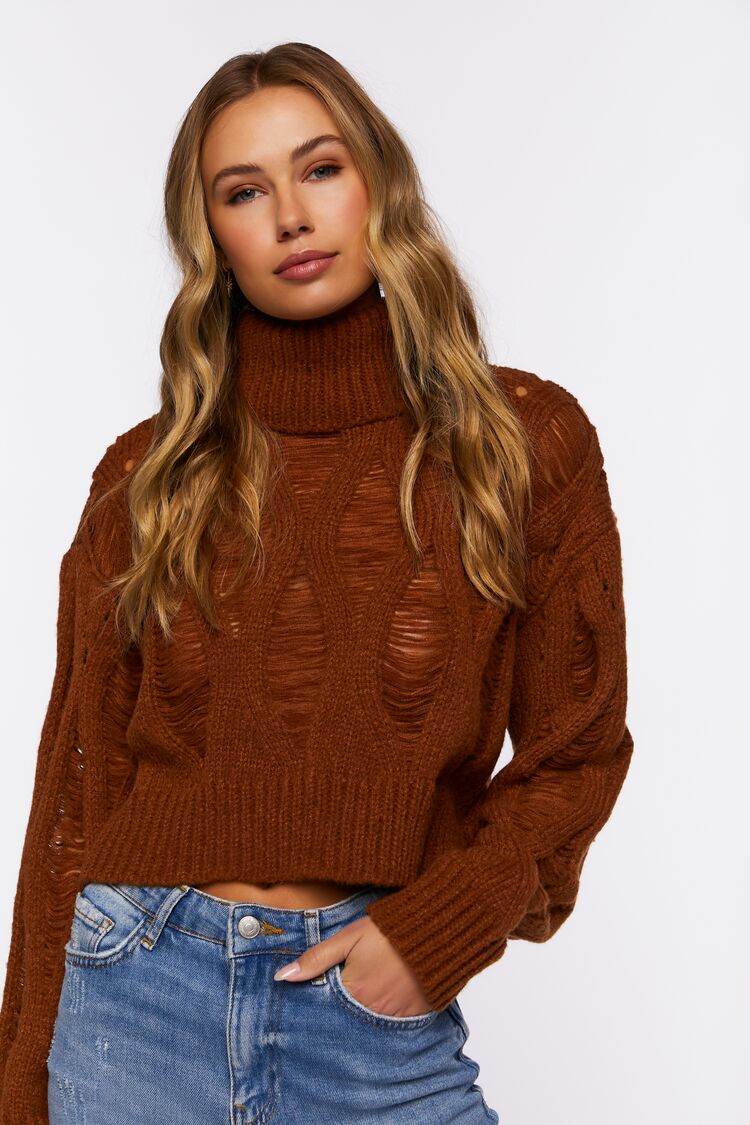 Forever 21 Knit Women's Distressed Turtleneck Sweater Chocolate