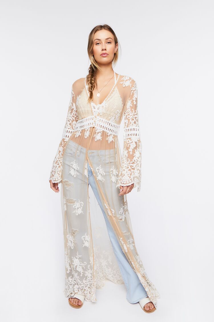 Forever 21 Women's Sheer Crochet Lace Kimono Nude/Cream