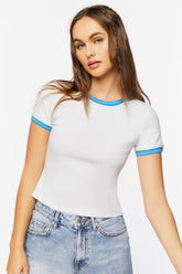 Forever 21 Women's Ribbed Varsity-Striped Ringer T-Shirt White/Blue