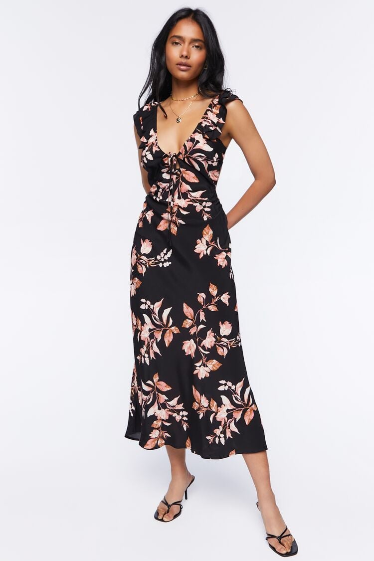 Forever 21 Women's Floral Print Tie-Back Midi Spring/Summer Dress Black/Multi
