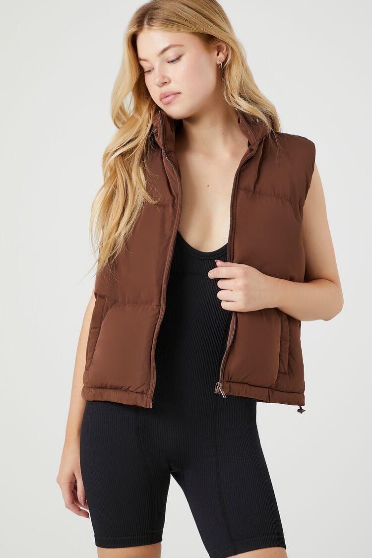 Forever 21 Women's Zip-Up Puffer Vest Chocolate