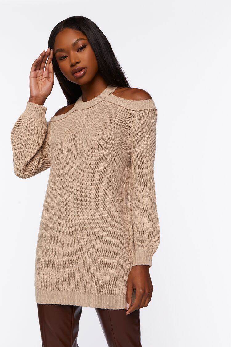 Forever 21 Knit Women's Open-Shoulder Oversized Sweater Taupe