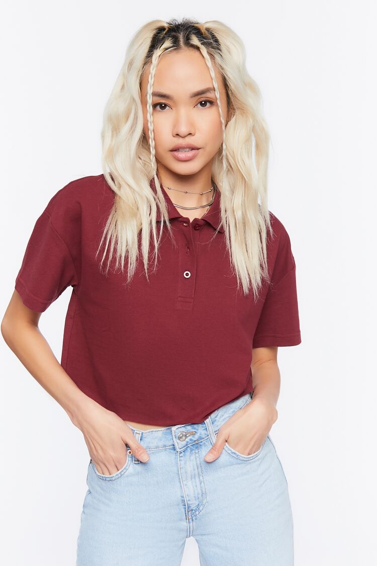 Forever 21 Women's Cropped Polo Shirt Merlot