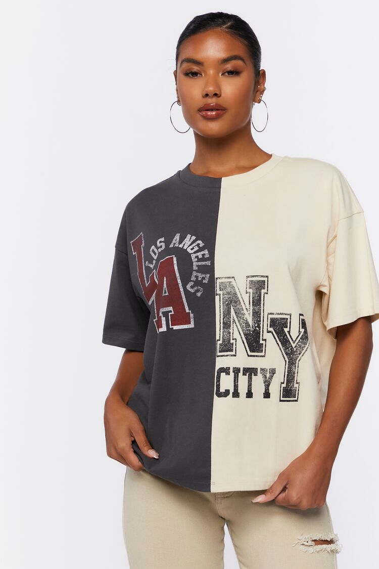 Forever 21 Women's Reworked LA & NY Graphic T-Shirt Charcoal/Multi