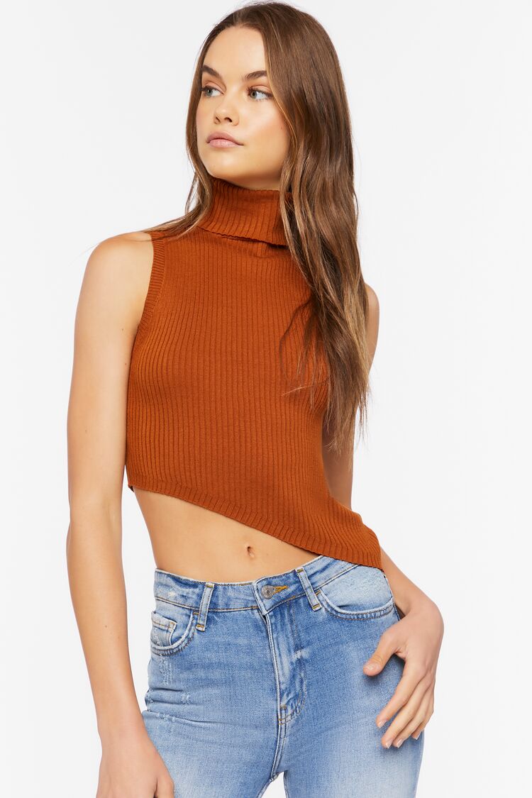 Forever 21 Women's Sweater-Knit Asymmetrical Crop Top Chocolate