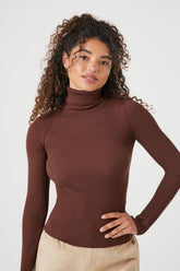 Forever 21 Women's Ribbed Turtleneck Sweater-Knit Top Chocolate