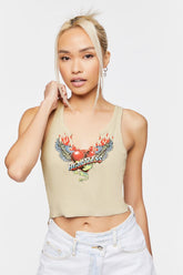 Forever 21 Women's Split-Neck Heart Graphic Tank Top Taupe/Multi