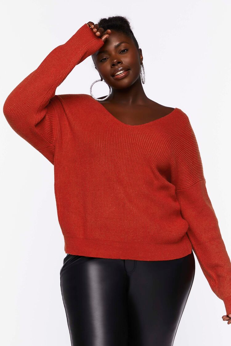 Forever 21 Knit Plus Women's Twisted-Back Sweater Brick