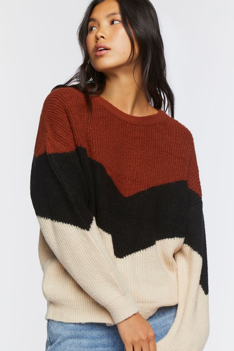 Forever 21 Knit Women's Colorblock Chevron Sweater Rust/Multi