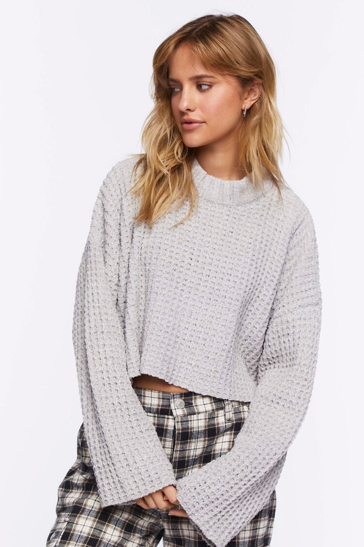 Forever 21 Women's Cropped Waffle Knit Sweater Heather Grey