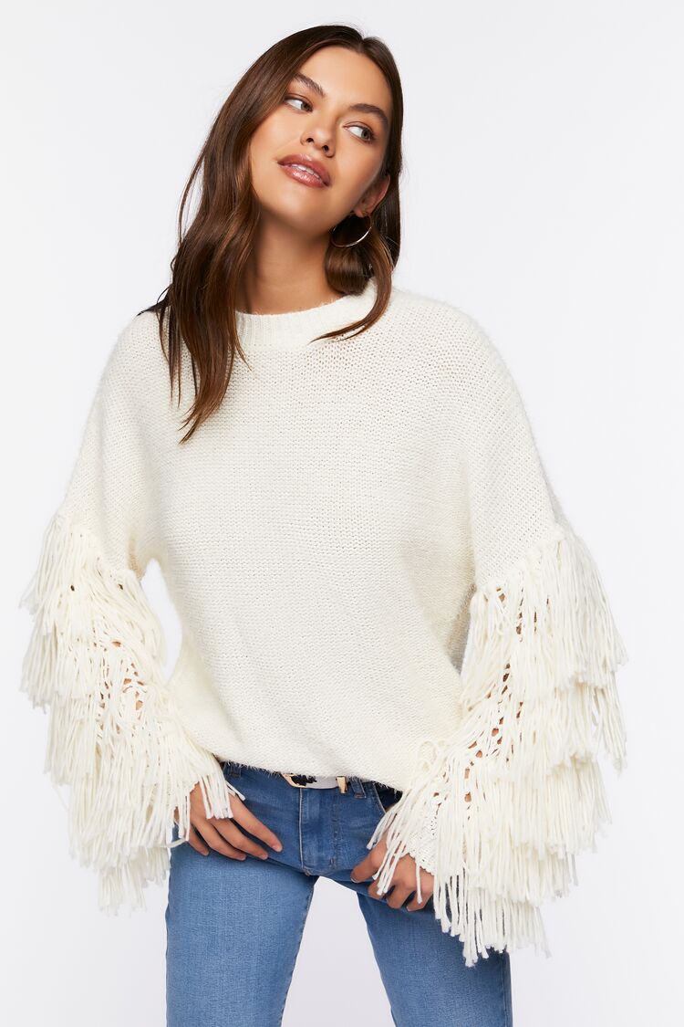 Forever 21 Knit Women's Chunky Fringe-Trim Sweater Cream