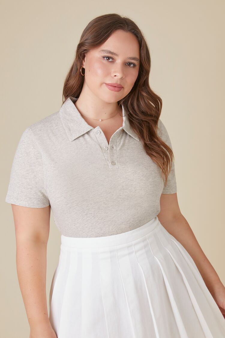 Forever 21 Plus Women's Cotton-Blend Polo Shirt Heather Grey