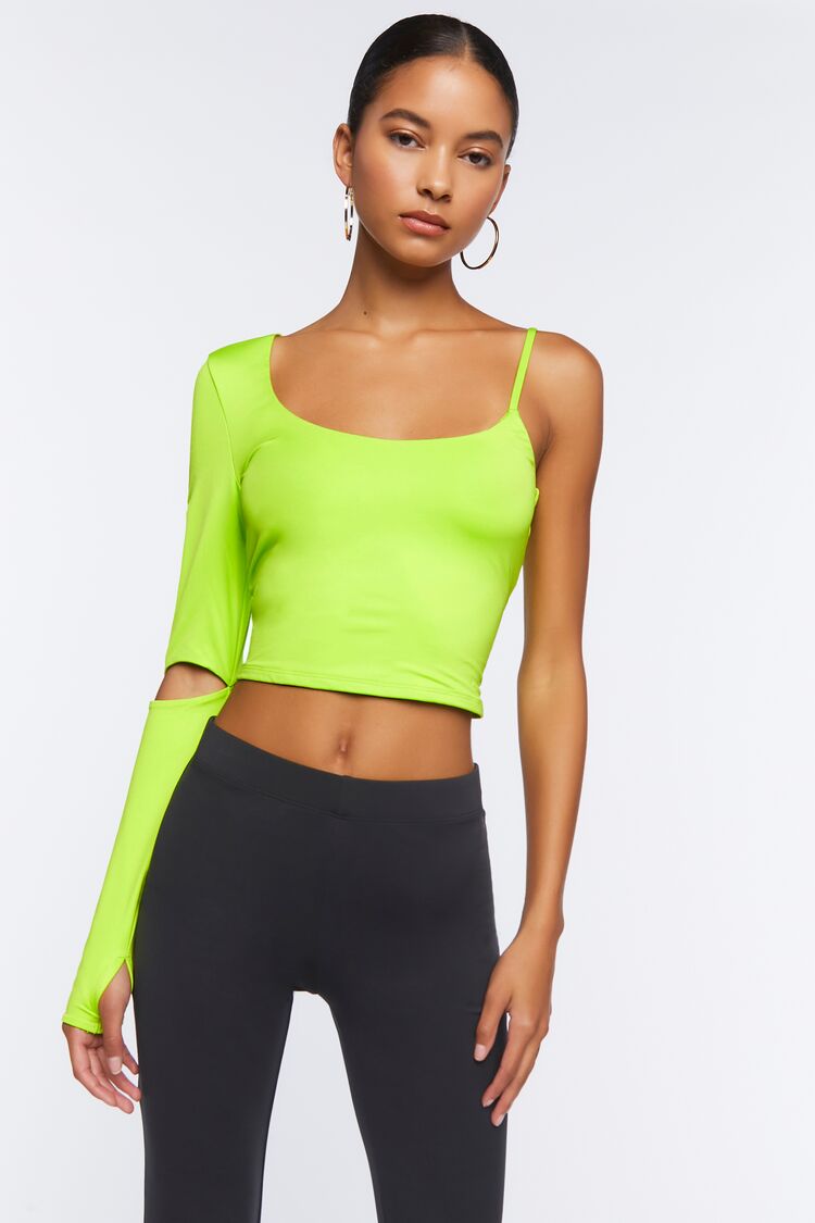 Forever 21 Women's Asymmetrical-Sleeve Crop Top Neon Green