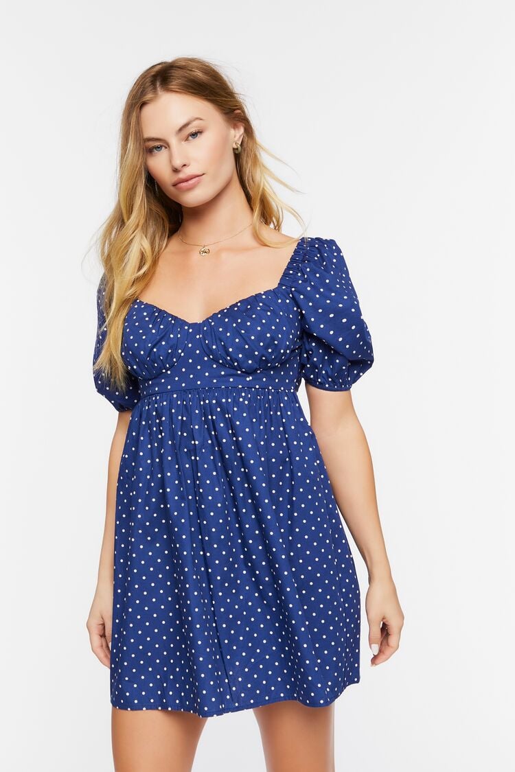 Forever 21 Women's Polka Dot Puff-Sleeve Mini Dress Navy/Multi