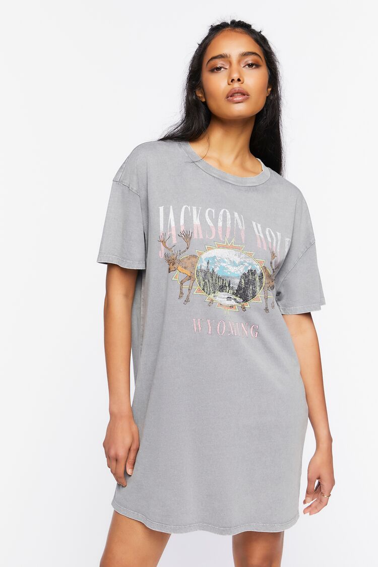 Forever 21 Women's Jackson Hole Graphic T-Shirt Spring/Summer Dress Grey/Multi