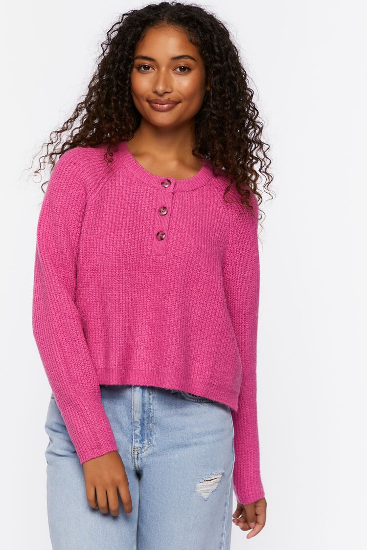 Forever 21 Knit Women's Ribbed Button-Front Sweater Azalea