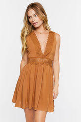 Forever 21 Women's Plunging Lace-Trim Mini Spring/Summer Dress Maple