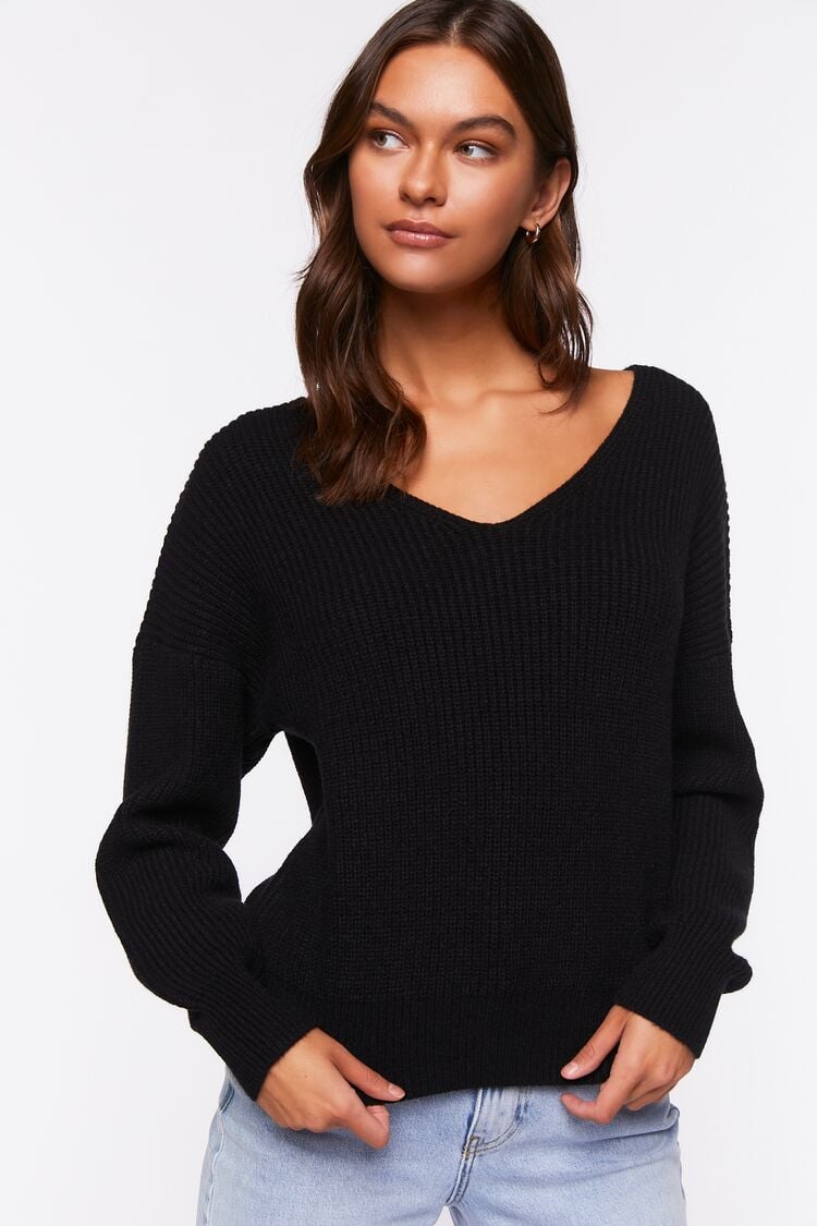 Forever 21 Knit Women's Ribbed Drop-Sleeve Sweater Black