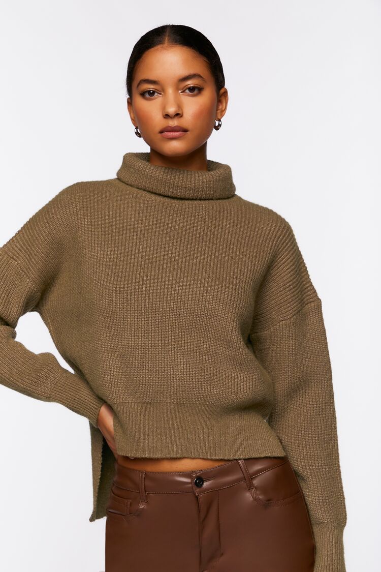 Forever 21 Knit Women's Rolled Turtleneck Drop-Sleeve Sweater Walnut