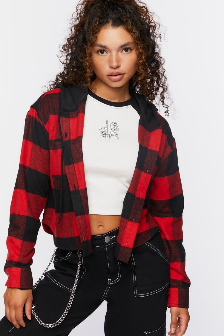 Forever 21 Women's Hooded Combo Flannel Shirt Red/Black